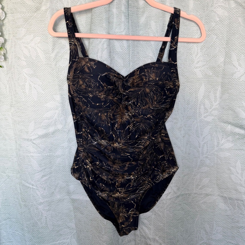 Niptuck Womens 8 Swimsuit Black Gold Floral One Piece Tummy Control Multi Cup